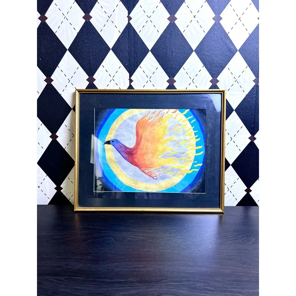 Original Framed Phoenix Bird Painting Celestial Outsider‎ Folk Art 15